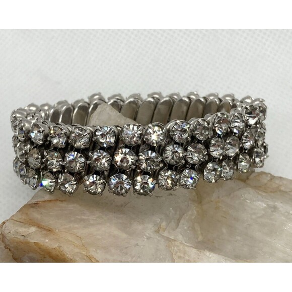 Vintage Clear Rhinestone Accordion Stretch Silver Tone Bracelet 50s‎ 60s Sparkly - Picture 6 of 9